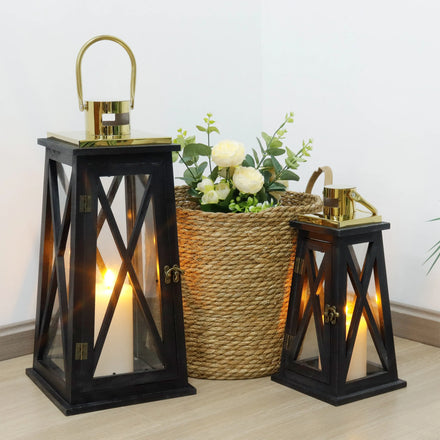Trapezoid Black Wooden Wooden Candle Lantern Large Decorative Candle Hanging Outdoor Garden Yard Lantern