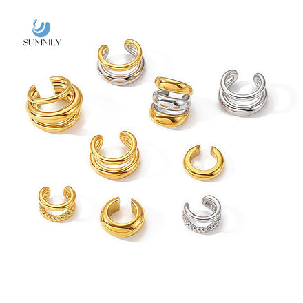 New Design Earbone Clip Jewelry Stainless Steel 18k Gold Plated Earhole Free Lateral Stripe Smooth Face Non Fading Earrings