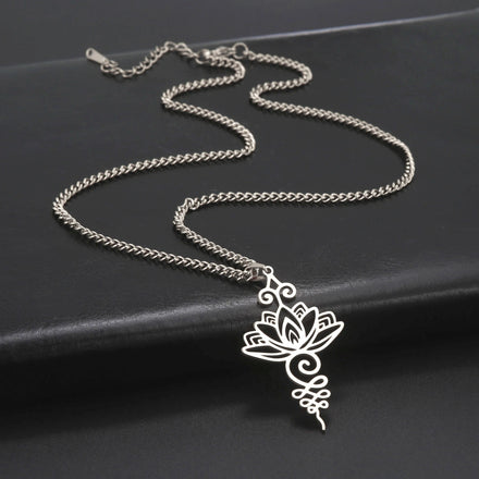 Yoga Lotus Flower Pendants Necklace Stainless Steel Unalome Symbol Charm Necklaces for Women Buddhism Amulet Jewelry Wholesale