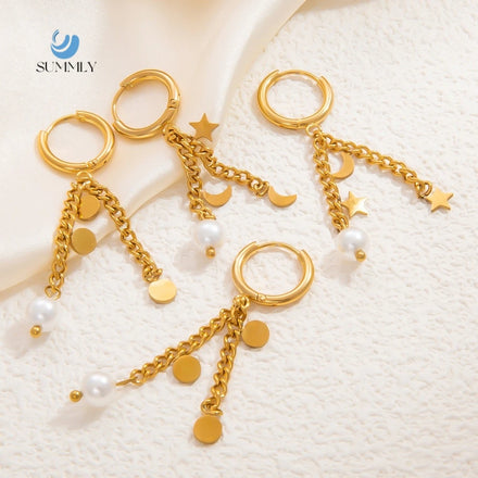SUMMLY Vintage Pearl Star Moon Chain Pendant 18K Gold Plated Stainless Steel Earrings Fashion Jewelry