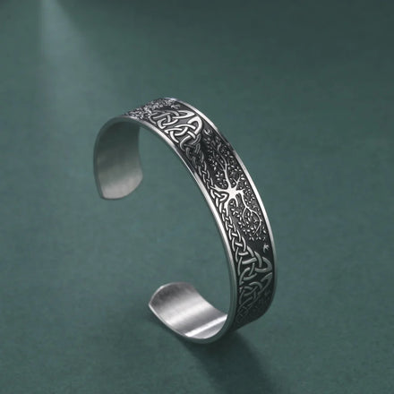 Tree of Life Bangle Wicca Amulet Vintage Nordic Runes Celtics Knots Stainless Steel Jewelry Bangle Gift for Men Boyfriend