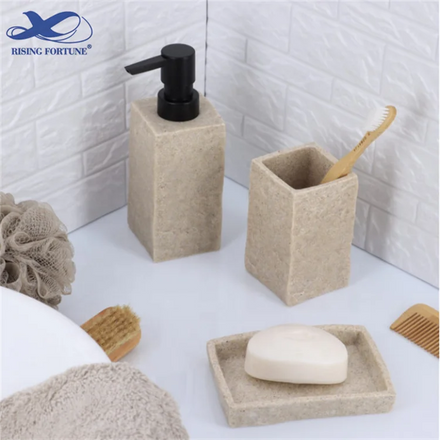 Five Star Hotel Decorative Modern Design Nature Stone Marble Travertine Bath Room Accessory Set Foam Soap Dispenser Included