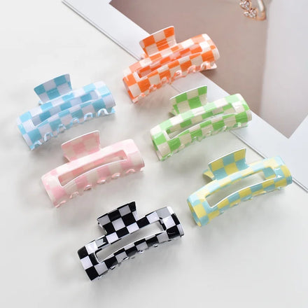 Wholesale 8.5cm Rectangle Checker Hair Claws Clip Big Flower Strong Hair Clamps Women Check Checkered Medium Claw Hair Clips