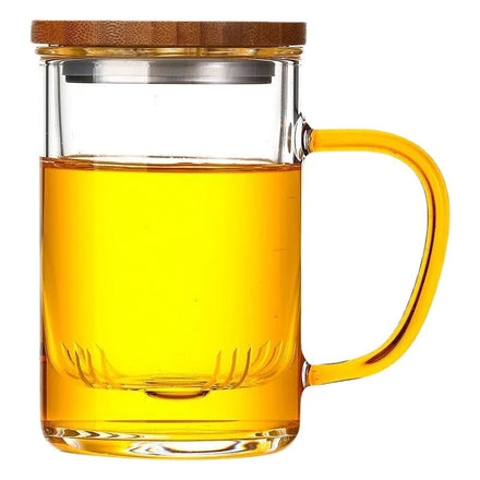 Personalized 350ml 12oz Transparent Glass Tea Infuser Mug with Bamboo Lid Coffee Tumbler and Filter Glass Cups