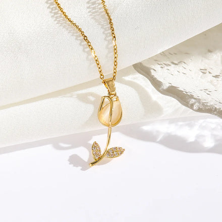 Fashion Jewelry Opal Tulip Necklace Non Tarnish Stainless Steel 18K Gold Plated Zircon Flower Necklaces for Women