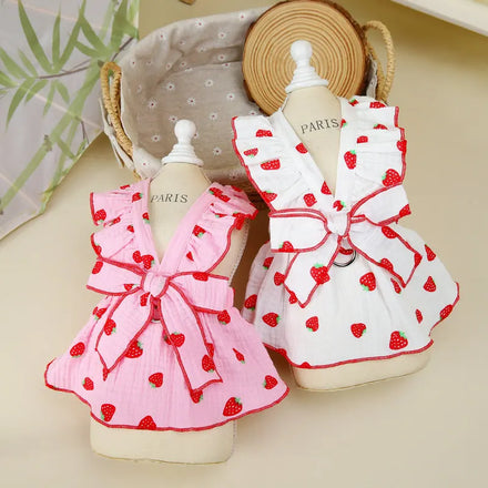 Cute Sweet Strawberry Pink Dog Dress Bowknot Print Spring Summer Eco-Friendly Polyester Cotton Apparel for Dogs