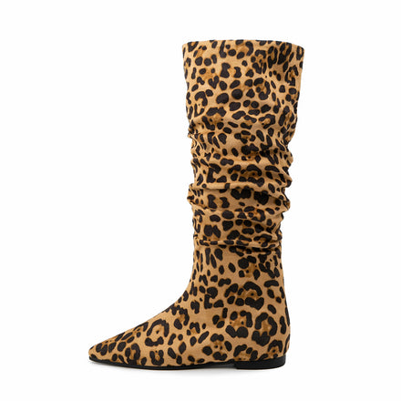 Fashion Trendy Women Slouch Flat Heels Knee-length Boots Faux Suede Leopard Pull on Ladies Knee High Boots