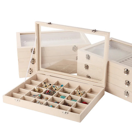 New Arrival Beige Velvet Jewelry Display Tray With Glass Lid Earrings Ring Necklace Storage Case MDF Wood Jewelry Box