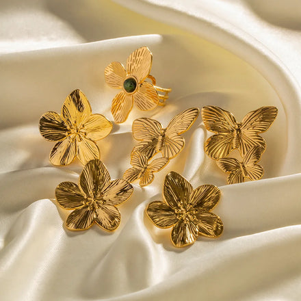 Resistant Waterproof Stainless Steel Jewelry Set Flower butterfly Ring 18k Gold Plated Flora Statement Ring for Women