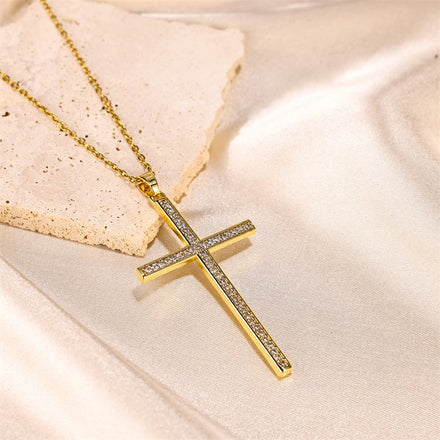 Vintage Jewelry 18K Gold Plated Stainless Steel Cross Pendant Necklace for Women Iced-out Necklace