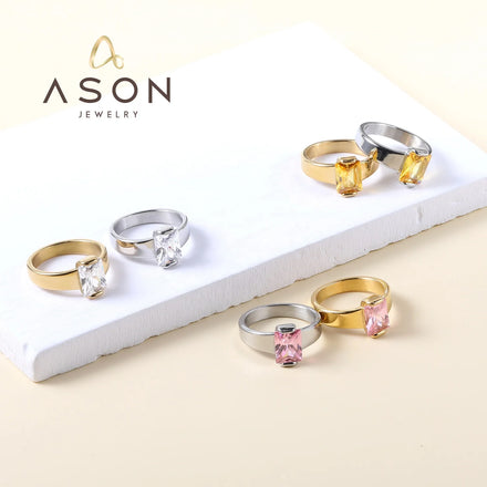 Ason Fashion Wholesale Color Zircon Dainty Rings Stainless Steel 18k Gold Plated Jewelry Wedding Rings with Stones for Women