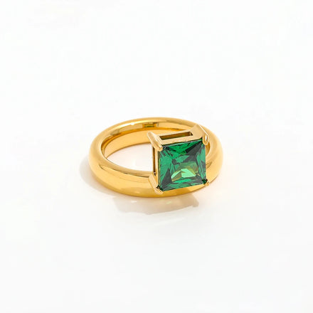Joolim Jewelry Wholesale 18K Gold Plated Chunky Square Green Zirconia Stainless Steel Ring for Women Fashion Jewelry