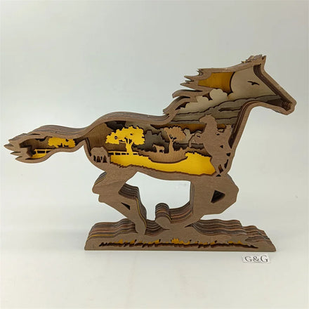 Creative Forest Animal Multi-Layer Shelf Desktop Decoration 3D Wooden Carving Wood Crafts LED Light Wooden Horse Table Decor