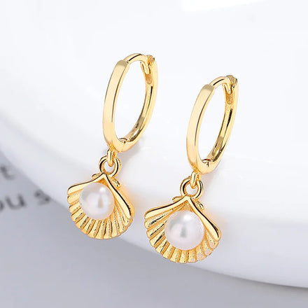 Fine 925 Silver Jewelry Shell Pearl Earrings Women Fashion 18K Gold Plated 925 Sterling Silver Hoop Earrings Jewelry