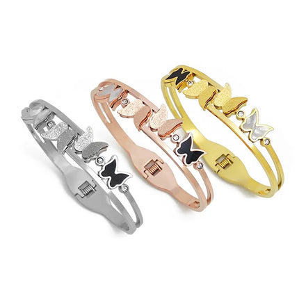 Korean Exquisite Tarnish Free Crystal Butterfly Stainless Steel Bracelet for Women 18K Gold Plated Spring Cuff Bangle