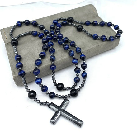 Men's Religious Cross Pendant Necklace with Long Tiger Eye Pearl Black Galley Stone Fashionable Sweater Chain Jewelry-for Gift