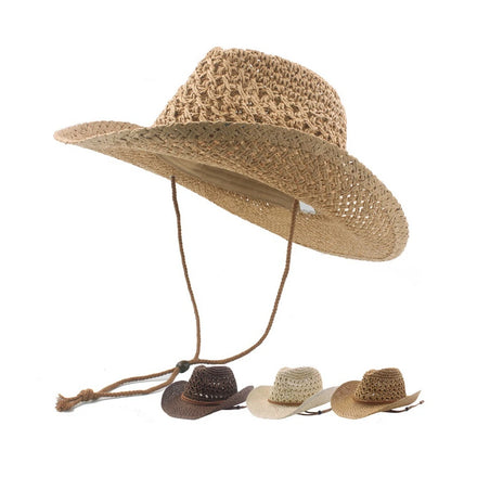 Wholesale Unisex Men Women Plain Sun Protection Sombreros Rope Hollow Breathable Handmade Cowboy Classic Paper Straw Fashion Hat