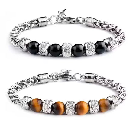 MANCHAO Trendy Handmade Fashion Titanium Steel Tiger Eye Beads Adjustable Stone Chain Bracelet for Men-Gift Jewelry