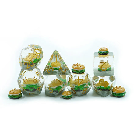 7Pcs Handmade Translucent Glitter Inclusions Round Hamburger Gold Ink Soft Edge DND Resin Dice