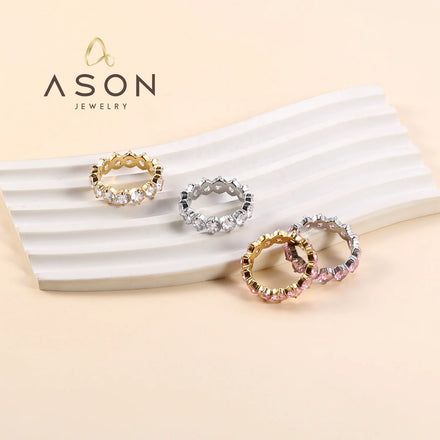 Ason Trend Fashion Jewelry Color pink Zircon Wedding Ring Diamond 18k Gold Plated Stainless Steel Gem Stone Rings for Women