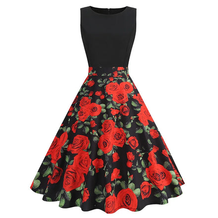 Floral Print Vintage Dress Women Spring Style Sleeveless Big Swing Party Dresses Women Ladies Elegant Casual Dress
