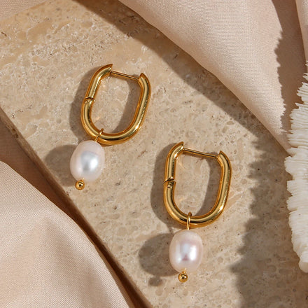 Dreamshow Women Jewelry Gold Plated Fresh Water Pearl Drop Earring Stainless Steel Jewelry Wholesale