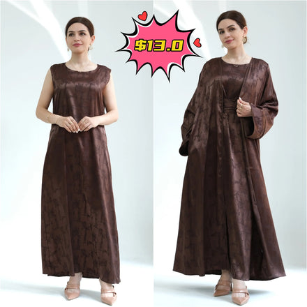 Clearance Sale! Fashionable Luxurious Abayas Party Solid Color Jacquard Satin Abaya Two Pieces Long Robe Open Abaya