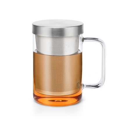 Wholesale 400ml Hand Etched Glass Tumbler Transparent Glass Tumbler with Stainless Steel Infuser and Lid Coffee Tea Set