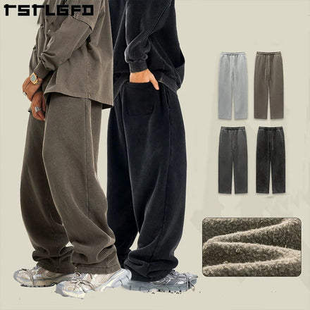 Unisex 100% Cotton Fleece Sweatpants Solid Color Elastic Waist Loose Fit Acid Washed Mid Waist Jogger for Men