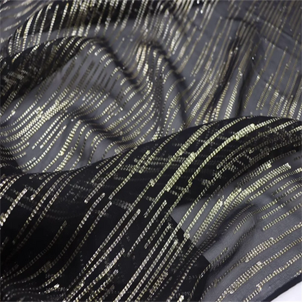 Gold Strip Black Color Ground Ready Goods Popular Newest Soft Feeling Silk Lurex Metallic Fabric for Women Summer Holiday Dress