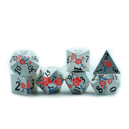 Custom LOGO Grow in the Dark Dnd Dice Set Red Flower Design Solid Sliver Metal Polyhedral Dice Set for Rpg Board Game