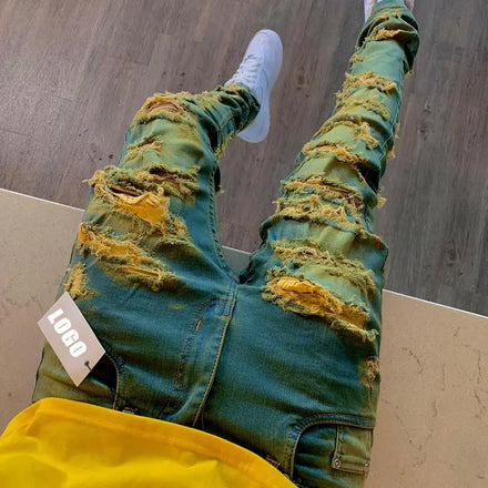 AeeDenim Oem Custom Designer Acid Wash Flare Stacked Jeans Pants Distressed Ripped Vintage Cargo Jeans Men