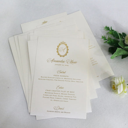 Modern Rectangle Ivory and Gold Foil Handmade Paper Invitation Restaurant Menu Cards for Wedding