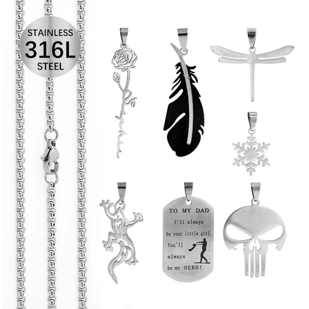 Custom Personalized Children's Nameplate Gold Plated Stainless Steel 316L Zircon Dragonfly Skull Rose Flower Pendant Necklace