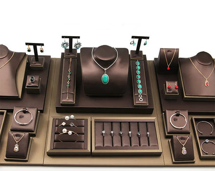 Jewelry Stand Display Props for Ring Necklace Earrings Set PU Leather Dark Brown Jewellery Stand Bust Display