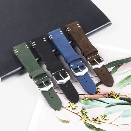 Luxury Fashion Design Handmade Smooth Grain Genuine Nubuck Leather Strap Stainless Steel Quick Release Watch Band 20mm 22mm