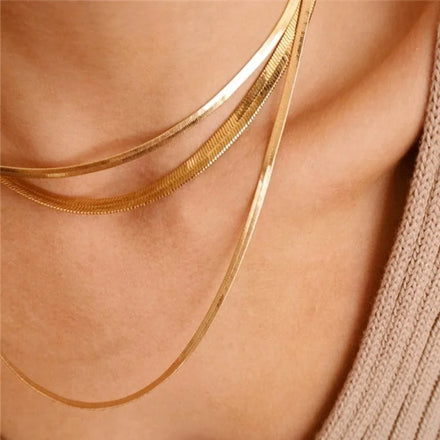 Waterproof Plated 18K Gold Herringbone Chain Necklace for Men Women Fashion Jewelry Stainless Steel Flat Snake Chain Necklace