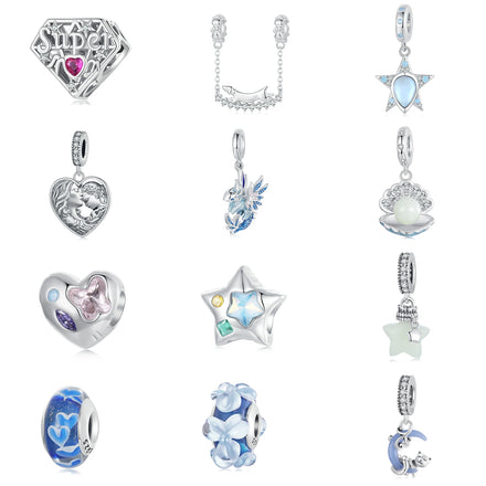 925 Sterling Silver Rhodium Plated Zircon Charm Bead Heart Star Moon Shell Fit Snake Chain Bracelet Necklace DIY Women Gift