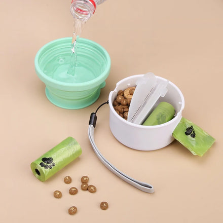 New Design 3 in 1 Poop Bag Holder Dispenser Drinking Cup Walking Bowls Feeder Portable Pet Water Bottle With Food Container