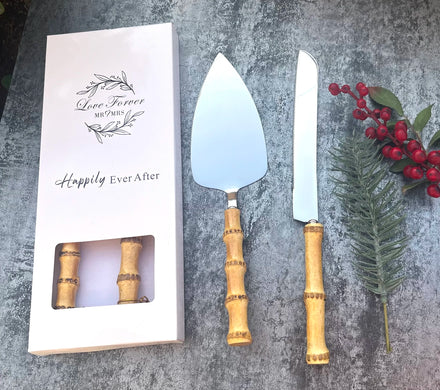 Modern Real Bamboo Handle Wedding Cake Knife Server Set Sleek Mirror Stainless Steel 430# Cutlery Kitchen Tools of 2