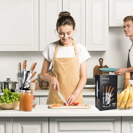 7-Piece Japanese Chef's Knife Set Wood Grain Stainless Steel Kitchen Collection with Comfortable Hollow Handle