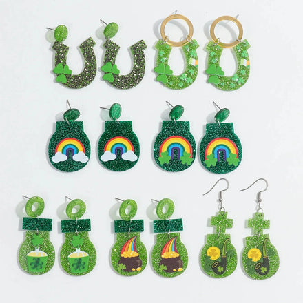 St. Patrick's Day New Green Hat Holiday Glitter Cloud Pipe Rainbow Light Bulb Four-leaf Clover Acrylic Earrings for Women