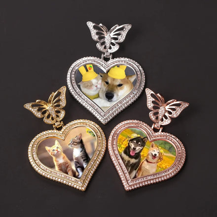 Exquisite Gold Brass Iced CZ Picture Butterfly Hook Pendants HipHop Love Heart Frame Sublimation Couple Photo Pendant Rope Chain