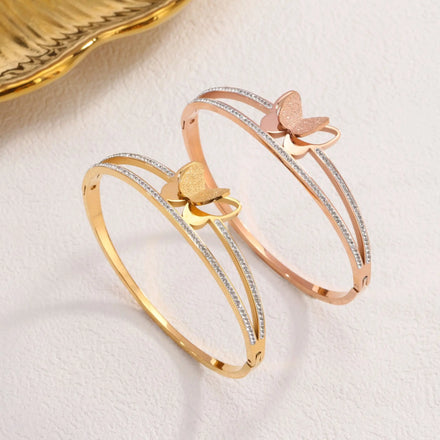Wholesale Luxury Tarnish Free Zirconia Stainless Steel Frosted Double Layers Butterfly Charm Bracelets & Bangles for Women Girls