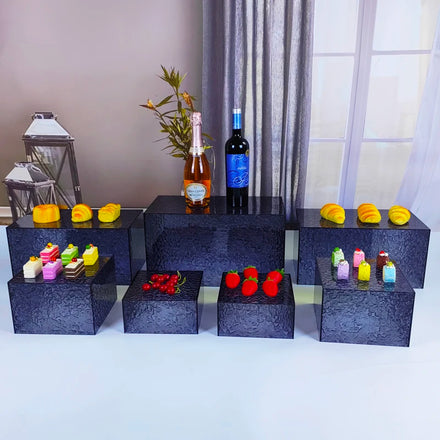 7PCS Black Acrylic Cube Risers Per Set Wedding Party Catering Buffet Food Display Stand