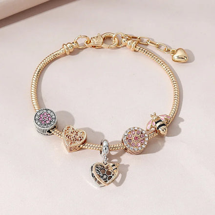 Hot Sale Gold Plated Heart Bee Charm Bracelet Adjustable Large Hole Beads Rhinestone Crystal Pendant Bracelet for Women