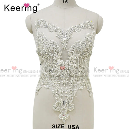 WDP-295 Fashion Silver/White Rhinestone Beaded Gown Applique Bodice Sash Applique for Party Dress