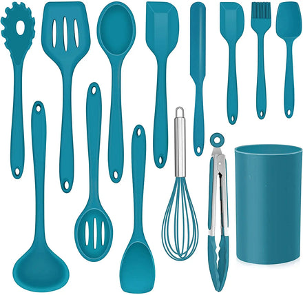 WEIMU Heat Resistant Ecofriendly Silicone Cooking Utensils Set Includes Spatula Spoon Tong Holder 14-Piece Dishwasher Safe