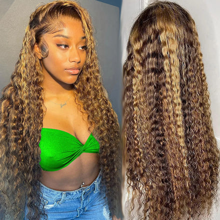 Highlight 13x4 Transparent Lace Front Wig Human Hair Ombre Honey Blonde Water Wave Curly Lace Frontal Wigs for Women Pre Plucked