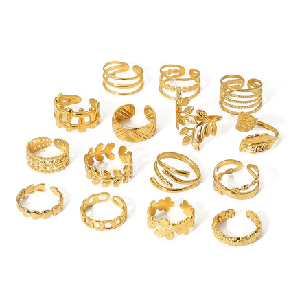 Leaf Geometric Skeleton Flower Stainless Steel 18k Gold Plated Snake Premium Multi Layer Titanium Ring